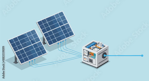Diagram illustrating solar panels connected to a power distribution unit, representing renewable energy technology.
