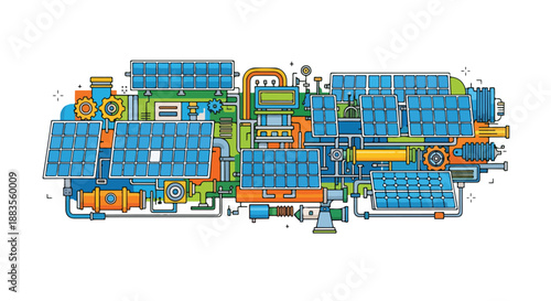 Abstract illustration of a futuristic solar power plant with intricate machinery and solar panels generating clean energy
