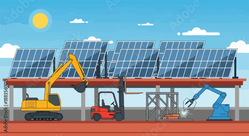 Construction of a large solar power plant with excavators, forklifts, and robotic arms in a sunny landscape