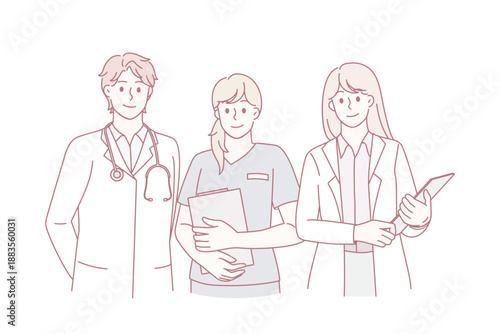 Healthcare medicine and doctors concept. Group of young smiling doctors with stethoscope and nurse standing with documents and looking at camera as team vector illustration