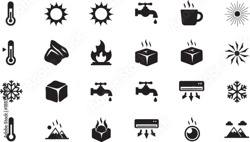 Black and white of temperature and heating with various symbols cooling