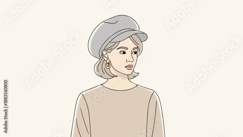 Illustration of a young woman wearing a gray cap and beige top on a neutral background.