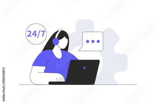 Call center. Woman working 24/7. Flat Cartoon Vector Illustration, icon Stylish abstract design landing page web