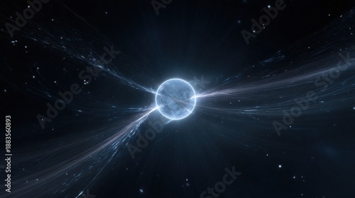 Close up of a neutron star pulsar floating in deep space, ultra dense spherical object with subtle magnetic field lines and faint radiation beams
