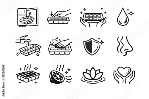 Focus calm rinse hygiene awareness fridge prevention minimalist vector logic icon care