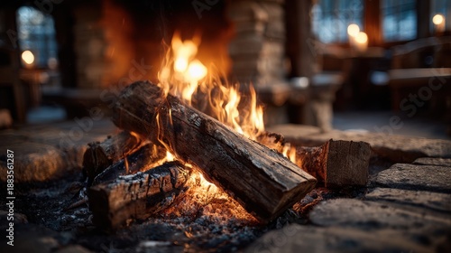 Yule log burning in fireplace during yule season with warm glow in the room