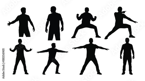 silhouette figures demonstrating various yoga poses and athletic stances showcasing diverse forms