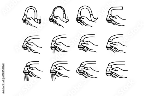Precision hand faucet access grasping vector calm aerator reach minimalist focus icons