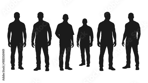 a row of six silhouetted male figures standing in a line against a white background