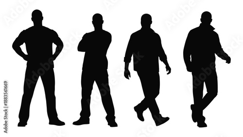 silhouette figures of four men in various poses displaying different stances and body language