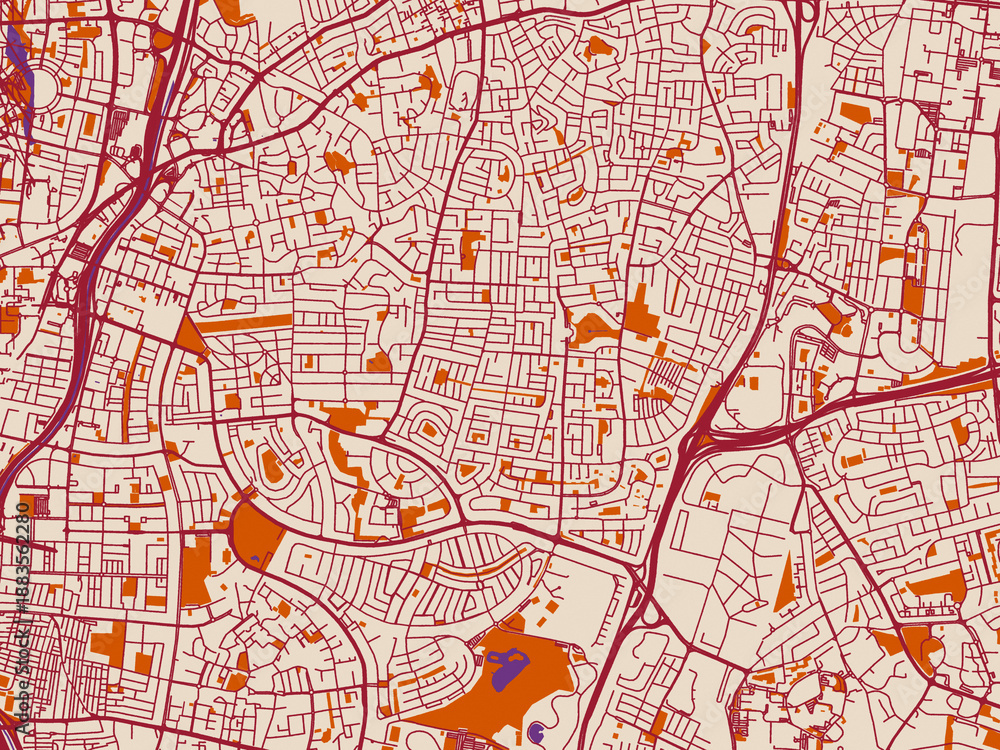 Obraz premium Street network map of Ramat Gan, Israel, featuring soft cream background with burgundy street lines, warm terracotta land blocks and muted violet water