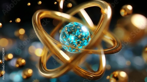 A Stunning Visualization of Atomic Structure Featuring a Vibrant Blue Nucleus Surrounded by Golden Electrons, Capturing the Essence of Matter and Energy in a Beautifully Abstract Representation