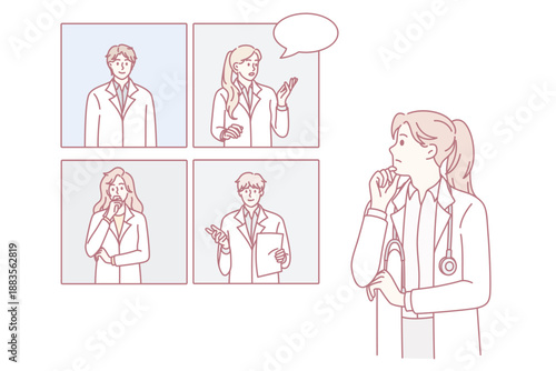 Online medical conference and video concept. Young woman doctor standing taking part in online live event meeting with colleagues discussing things together vector illustration