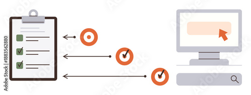 Productivity tools, project planning, data organization, workflow automation, task progress, digital strategies. A clipboard checklist, arrows linking icons and a computer. Productivity tools