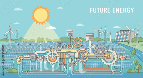 Future Energy Concept: Sustainable Power Generation from Solar Panels, Wind Turbines, and Hydroelectric Dam, Powering an Intricate Green Tech System.
