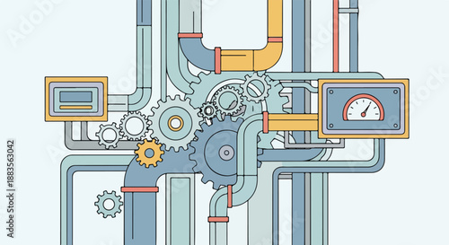 Intricate industrial pipeline system illustration with interconnected gears and gauges, symbolizing complex machinery, engineering processes, and technological infrastructure.