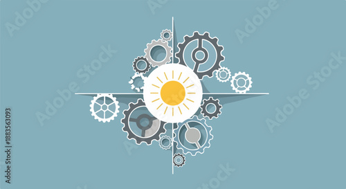 Abstract sun and gears mechanism on a blue background, representing renewable energy and teamwork.