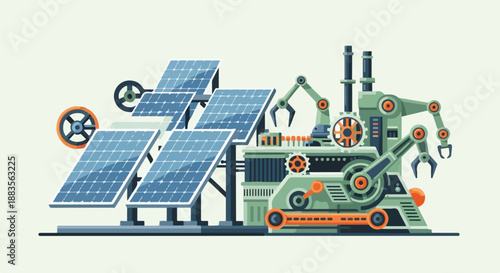 Robotic arm assembling solar panels in a modern factory, symbolizing renewable energy production and automation