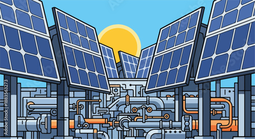 Solar power plant with rows of photovoltaic panels and complex machinery under a bright sun