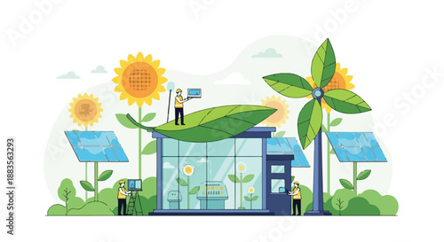 Eco-friendly building with solar panels and wind turbine, promoting renewable energy and sustainable living.