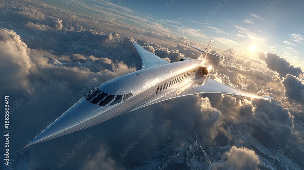 Fototapeta premium Sleek commercial airplane animation shows futuristic jet soaring through clouds during sunset