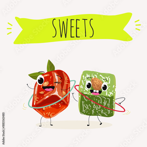 Funny Characters pumpkin dessert, rahat lukum. Hand drawn vector illustration.