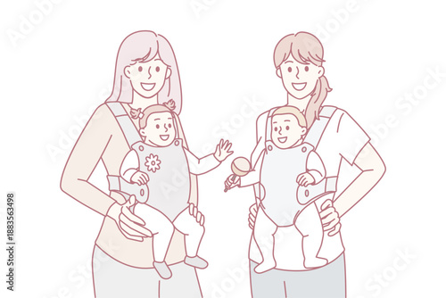 Modern mothers carrying equipment concept. Two young positive women mothers standing holding their babies in slings for outdoor walks vector illustration