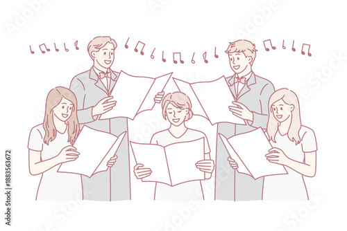 Music and singing in choir concept. Group of young positive people singers choir standing performing concert with notes in hand vector illustration
