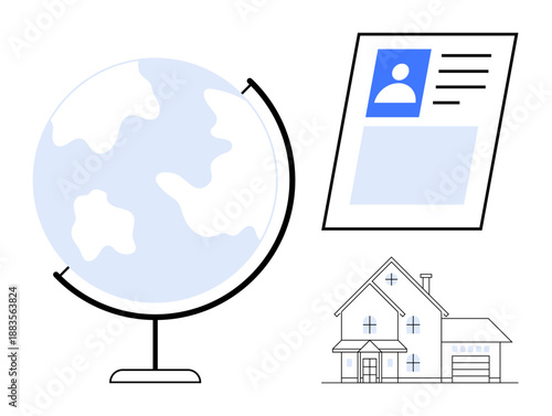 Identity concept. Identity through a globe, ID card, and house symbol, emphasizing personal information, location, and residence ties. Perfect for identity management, residency global connections