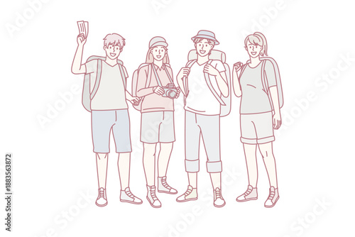 Hiking backpacking and tourism concept. Group of young smiling travelers backpackers standing with camera feeling excited with trip vector illustration