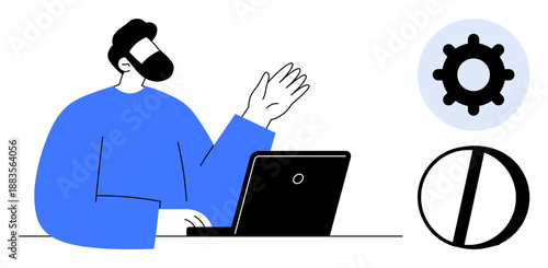 Technology concept. Technology with a person at a laptop, gear icon, and contrast symbol. Technology digital workflows and interface adjustments. For information systems, software design, digital