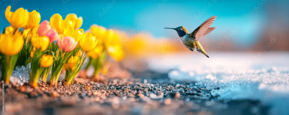 Fototapeta premium Hummingbird approaching vibrant yellow crocuses emerging from melting snow, symbolizing the delicate transition from winter to spring