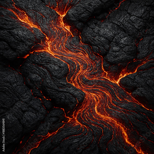 Ultra-High-Resolution Aerial View of Solidifying Lava Field with Glowing Molten Edges and Cracked Rock Textures