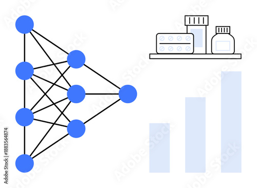 Neural network concept. Neural network illustration paired with medicine and data analytics visualization. Neural network applications in healthcare, AI, machine learning, and biomedicine. Science