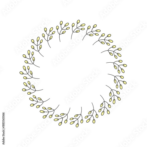 Cute round wreath with doodle pussy willow twigs isolated on white background. Spring floral circle frame.