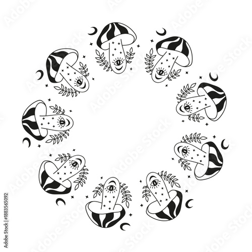 Cute round frame with hand drawn outline magic esoteric mushrooms isolated on white background. Mystic Boho circle composition.