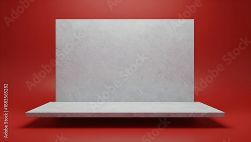 Concrete display stand against red background offers a modern and minimalist aesthetic