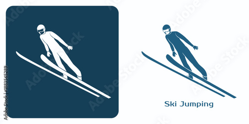 Minimalist emblem stylized Ski Jumper in mid-air, shown in two contrasting versions - white silhouette on dark background and dark figure on white. Dynamic posture and motion typical of ski jumping.