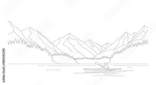 a black and white drawing depicting a person kayaking on a calm lake surrounded by mountains
