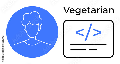 Dietary preferences, programming, coding, identity, lifestyle choices, creative design. Human silhouette in a blue circle with vegetarian text and coding tag. Dietary preferences and programming