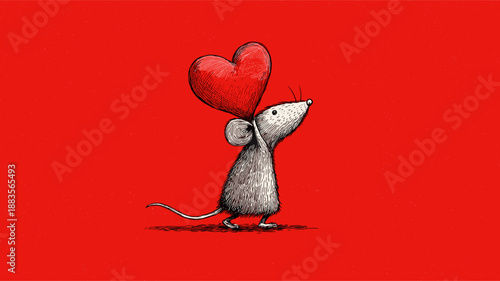 Cartoon gray rat running with a large red heart on a solid red background. Cute gray rat carrying red heart running