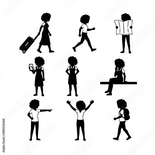Black Woman Travel Poses Flat Vector Silhouette Set