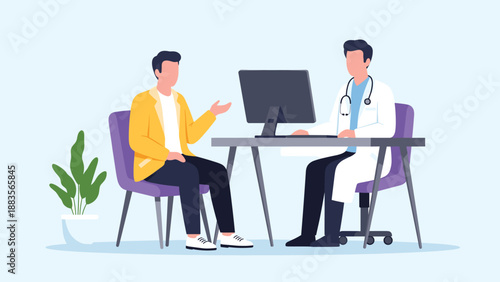 A doctor and patient in a medical consultation, seated at a desk with a computer, discussing health concerns and treatment options in a professional clinic setting.