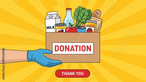 A hand in a glove holding a donation box filled with groceries, promoting food drives and charitable giving during times of need, with a 'Thank You' message.