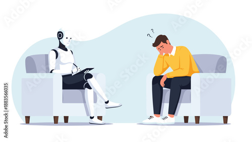 A robot therapist consulting with a distressed human client, exploring the intersection of AI and mental health support in a modern therapeutic setting.