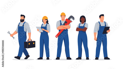 A diverse team of five skilled tradespeople, including plumbers and construction workers, equipped with tools and clipboards, ready for various maintenance and repair tasks.