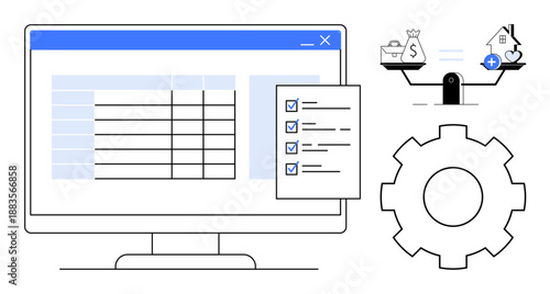 Financial management visual. A monitor displaying data, a checklist, balance scale, and gear icon financial planning, decision-making, and optimization. For budgeting, fintech accounting business