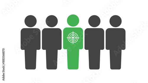 A group of five stick figures, with one green figure highlighted with a target symbol, representing a target audience, a selected candidate, or a specific goal.