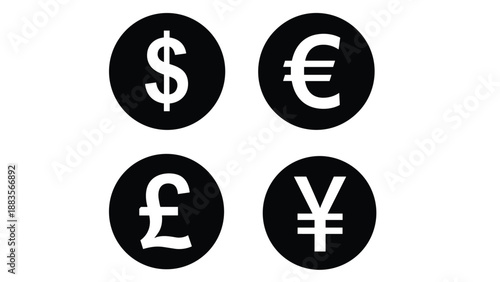 Four circular icons with currency symbols: dollar, euro, pound, and yen, representing global finance, exchange rates, and international trade.