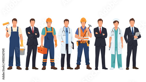 A diverse group of professionals including doctors, engineers, and businessmen in a line, showcasing different occupations and career paths in a modern society.